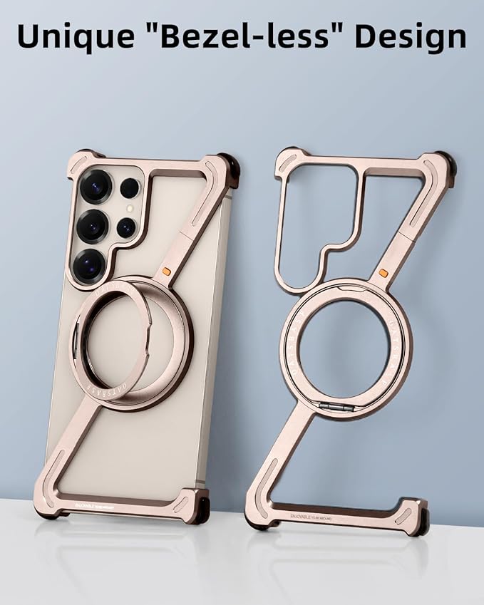 OATSBASF Minimalist Phone Case Compatible with Samsung Galaxy S25 Ultra, 360° Rotation Kickstand Aluminum Metal Frameless Design Bumper Case, Protective Shock Grade Shell, Desert Titanium