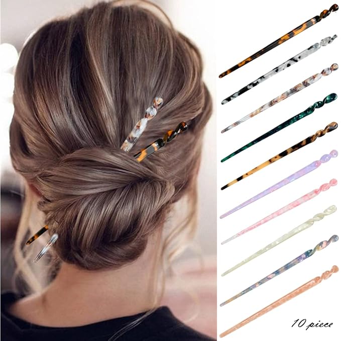 10 Pieces Acetate Hair Sticks Leopard Print Hair Pins, Tortoise Shell Hairpin Vintage Hair Chopsticks Retro Hairpins Disk, Hair Accessories for Women Girls (Classic)