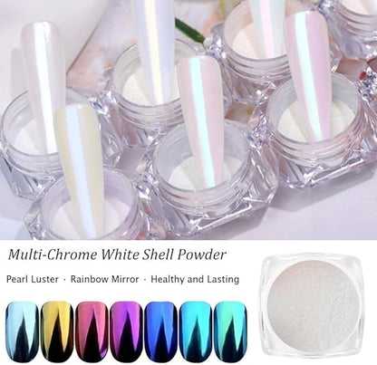 7 Colors White Pearl Chrome Nail Powder Aurora Metallic Nail Powder Holographic Mirror Effect Chrome Powder Iridescent Shell Powder Glitter Nail Art Pigment Manicure for Nails (White Pearl)