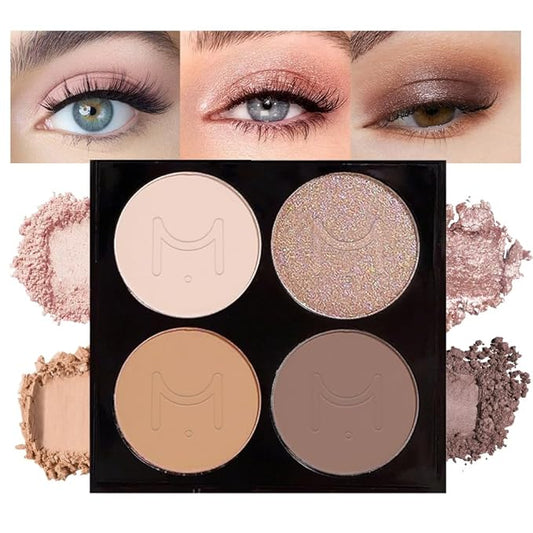 Eyeshadow Quad, Nude Brown Matte Shimmer Eye Shadow Makeup Powder Palette, Suitable for Women's Daily Eyeshadow Makeup, Long-Lasting Waterproof and Smudge-Proof, Easy to Apply, with Built-In Mirror 01