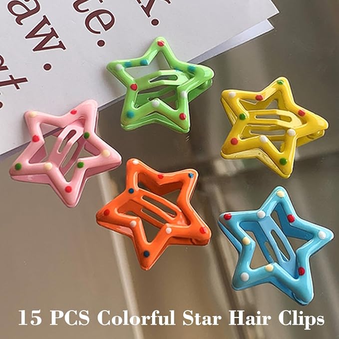15 PCS Metal Hair Barrettes - Non-Slip 1.22" Star Snap Hair Clips for Girls, Women, and Children - Multicolor Hair Accessories
