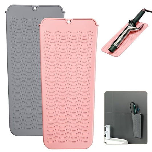 2 Heat Resistant Silicone Mat with Hanging Hole, Straightener Heat Resistant Travel Mat & Pouch for Curling Iron, Flat Iron and Other Hot Hair Styling Tools, 11 x 5 in, Pink+Gray