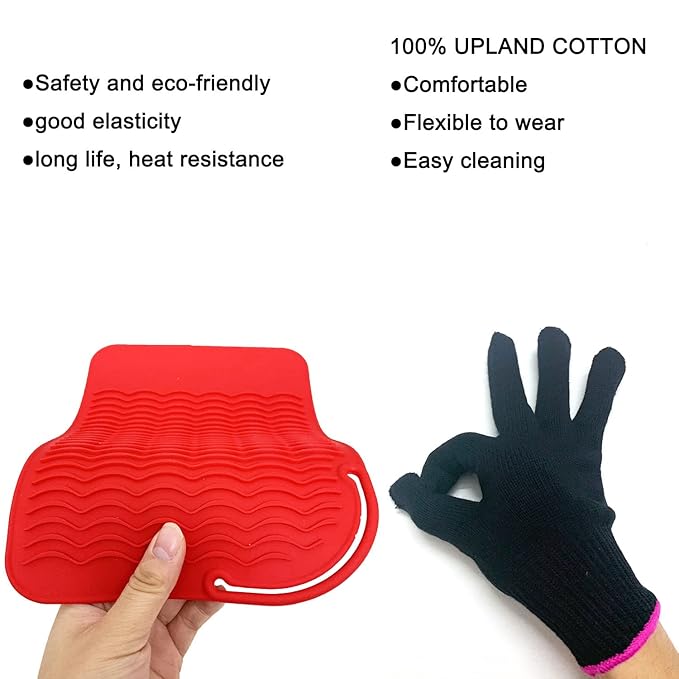 Flat Iron Travel Mat, Curling Iron Counter Protector with Heat Resistant Glove for Curling Irons, Hair Straightener, Flat Irons and Hair Styling Tools, 9” x 6.5”, Red