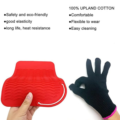 Flat Iron Travel Mat, Curling Iron Counter Protector with Heat Resistant Glove for Curling Irons, Hair Straightener, Flat Irons and Hair Styling Tools, 9” x 6.5”, Red