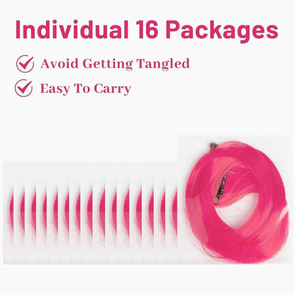 16 Pcs Colored Hair Extensions Curly Wavy Clip in Synthetic Hairpiece Streak for Girls Women Kids, Multi-colors Party Highlights Cosplay Festival Favor Gift(Hot Pink)