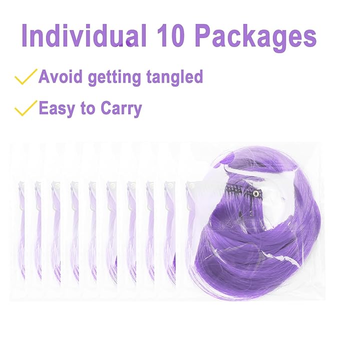 10 PCS Light Purple Hair Extensions Clip-In, Curly Wavy Synthetic Hairpieces Clip in Rainbow Neon Party Highlights, Colorful Hair Accessories for Kids Girls Women 17 inch (Light Purple)