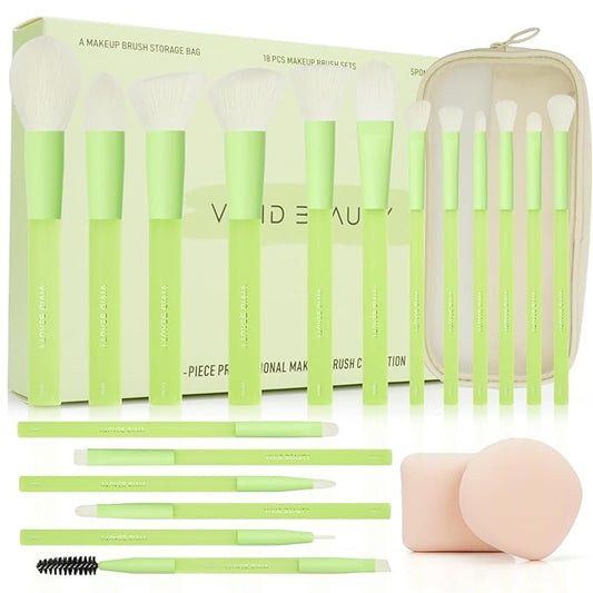 18pcs Colorful Makeup Brush Set with Make up Bag and Sponge Applicators for Liquid Foundation - Professional Cosmetics Tools Blush Blending Blender Brushes Gift Pack (Green)