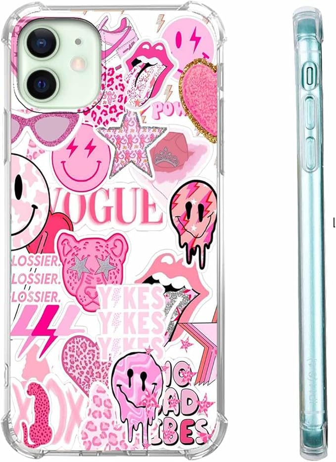 Case for iPhone 12/12 Pro with Pink Design,Aesthetic Hippie Indie Popular Elements Pattern,Shockproof Soft TPU Bumper Phone Cover(12,Pink)
