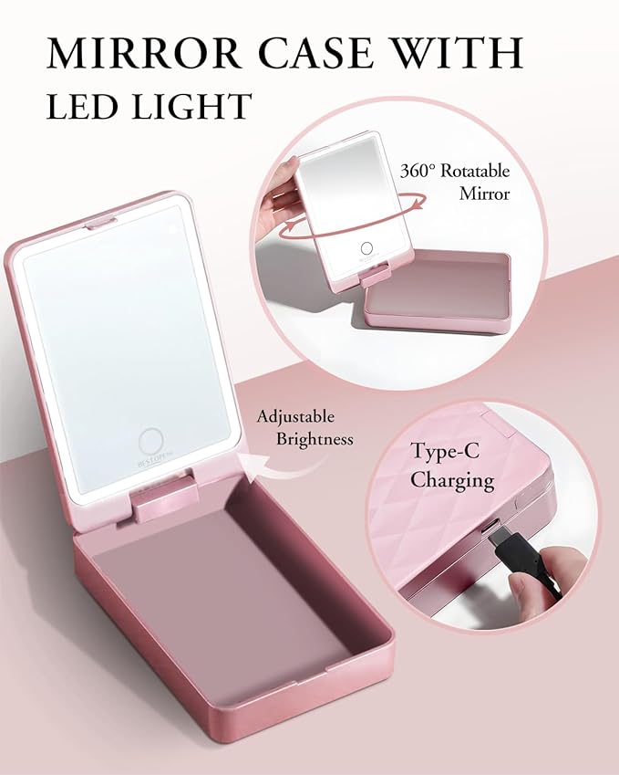 Makeup Brushes with Case, 20PCs Travel Makeup Brush Set, Foundation Concealer Blush Eyeshadow Brush Set Contour Powder Eyebrow Eyelash Brush Kit with Led Light Mirror Holder & 2 Powder Puff-Champagne