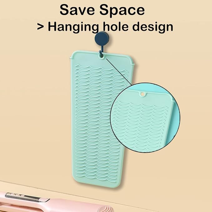 2 Heat Resistant Silicone Mat with Hanging Hole, Straightener Heat Resistant Travel Mat & Pouch for Curling Iron, Flat Iron and Other Hot Hair Styling Tools, 11 x 5 in, Pink+Green