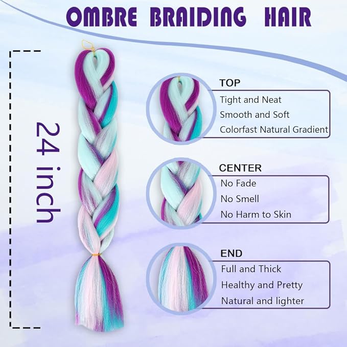 Ombre 4 Colors Mix Braiding Hair 8pcs Extensions Jumbo Hair Rainbow Color Colorful Twist Braid wigs Dreadlocks (Pink/Purple/Green/Blue/Light Cyan) (Lot 24Inch)