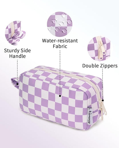 Narwey Small Checkered Makeup Bag for Purse Travel Makeup Pouch Mini Cosmetic Bag Zipper Pouch for Women (Purple Checkerboard, Small)