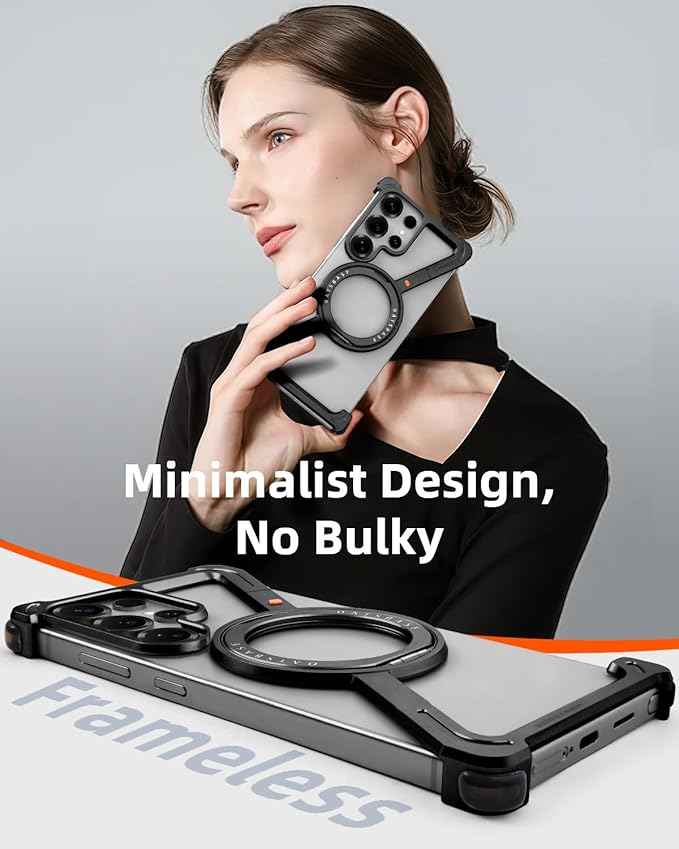 OATSBASF Minimalist Phone Case Compatible with Samsung Galaxy S25 Ultra, 360° Rotation Kickstand Aluminum Metal Frameless Design Bumper Case, Protective Shock Grade Shell, Black
