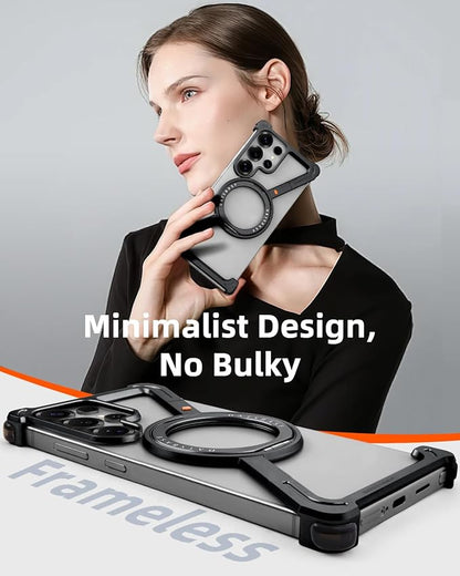 OATSBASF Minimalist Phone Case Compatible with Samsung Galaxy S25 Ultra, 360° Rotation Kickstand Aluminum Metal Frameless Design Bumper Case, Protective Shock Grade Shell, Black