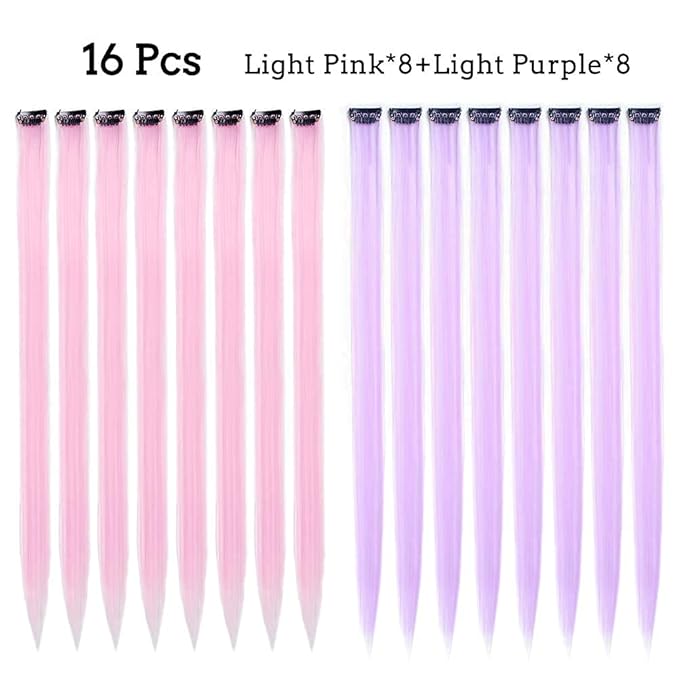 16Pcs Kids Purple Color Clip in Hair Extensions 20inch Colored Party Clip on in Hairpieces Ombre Purple Synthetic Colorful Straight Multi-Colors Hair Streak for Girls(Light Pink+light Purple)