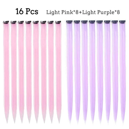 16Pcs Kids Purple Color Clip in Hair Extensions 20inch Colored Party Clip on in Hairpieces Ombre Purple Synthetic Colorful Straight Multi-Colors Hair Streak for Girls(Light Pink+light Purple)