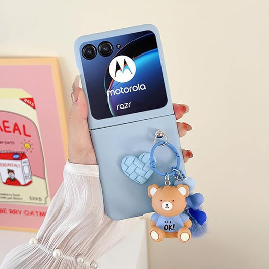 Moto Razr Plus 2024 Case - Plush Bear Toy Phone Charm Design, Frosted PC Back Soft Silicone Bumper Shockproof Girly Cover With Ring Holder - Blue