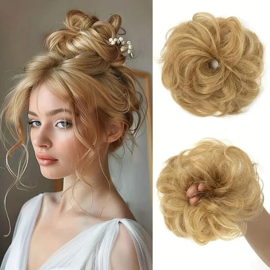 1 PCS Messy Bun Hair Piece Real Human Hair Thick Updo Wavy Curly Chignon Ponytail Hair Extensions Hair Bun Hairpieces for Women Girls (#27 Honey Blonde)
