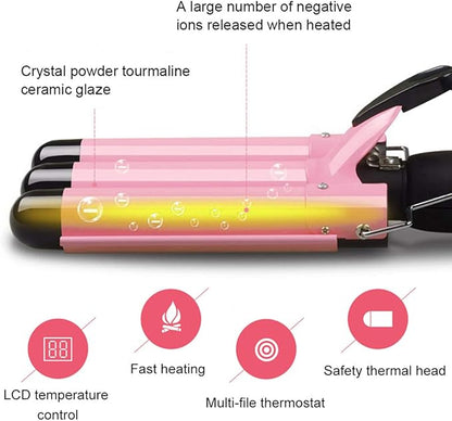 3 Triple Barrel Ceramic Tourmaline Curling Iron Wand with LCD Temperature Display - 1 Inch Crimping Waver, Dual Voltage