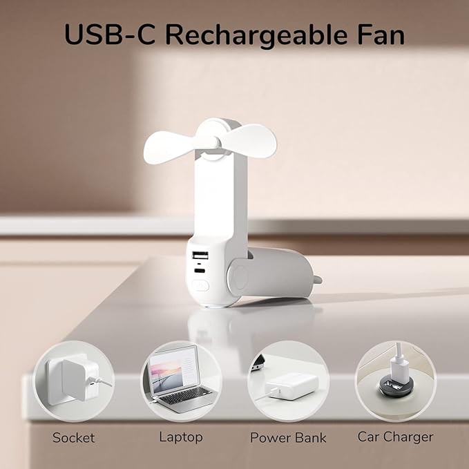 JISULIFE Handheld Mini Fan, 3 IN 1 USB Rechargeable Portable Fan [12-19 Working Hours] with Power Bank, Flashlight, Pocket Design for Travel/Summer/Concerts/Lash, Gifts for Women (White)
