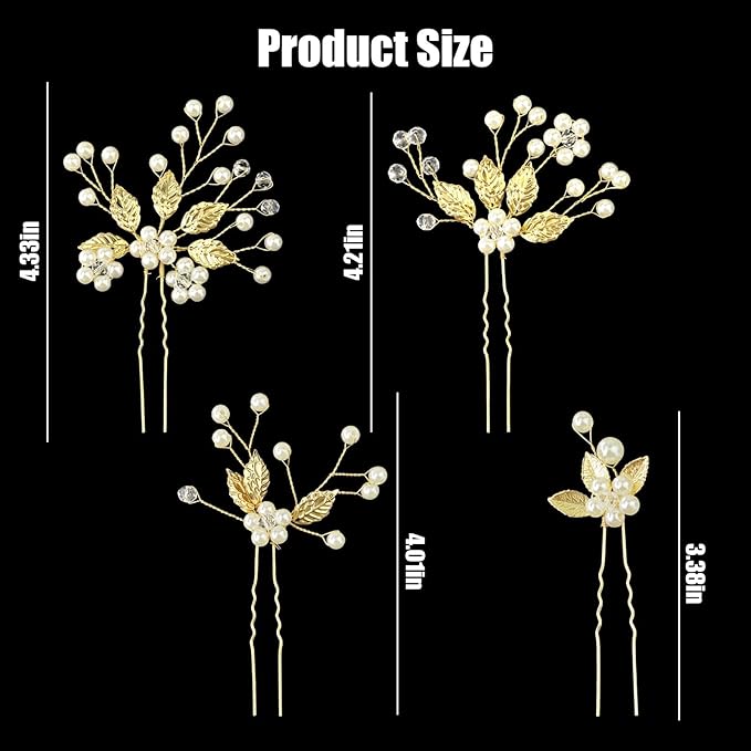 5 Pieces Bride Hair Pins Pearl Bridal Hair Piece for Women Sparkly Gold Leaf Crystal Hair Accessories for Bride Bridesmaids Flower Girls(Gold)
