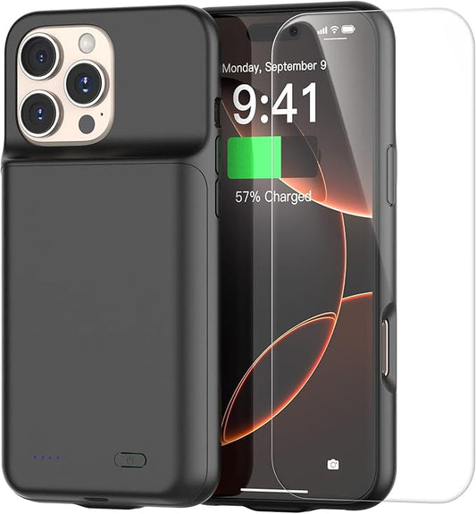 2025 New Upgraded 7000 mAh Travel Battery Case for iPhone 16 6.1inch, Extra Battery Life 15W Fast Charging External Rechargeable Portable Charging Case with HD Tempered Protective Film, Black