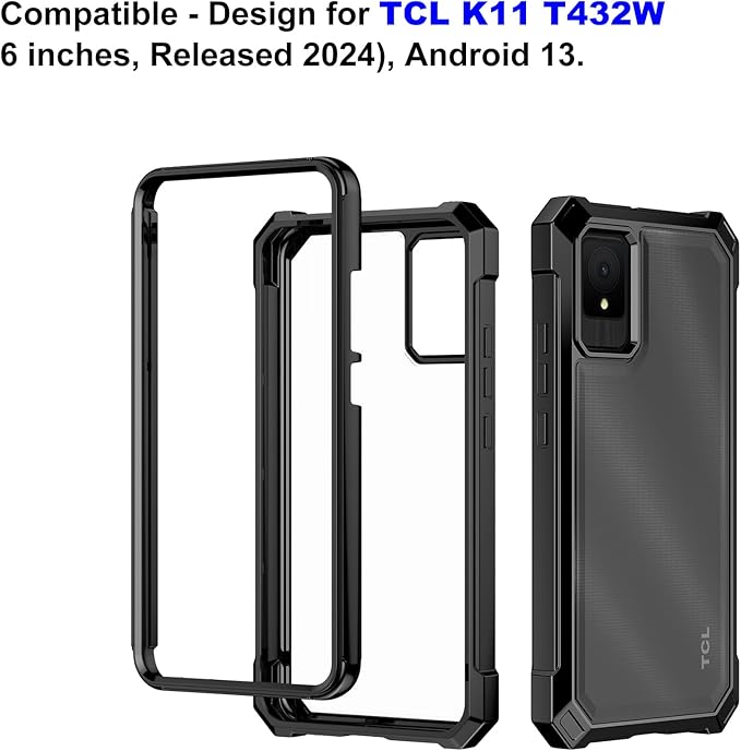 Ailiber for TCL K11 Case, TCL K11 T432W Case with Screen Protector, Dual Layer Shockproof Bumper, Clear Transparent Anti Yellowing, Military Grade Protection Cell Phone Cover-Black