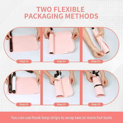Oversize Large Silicone Heat Resistant Mat, 13.19" x 10.24" Professional Heat Mat for Curling Iron, Portable Vanity Decor Makeup Mat with Velcro Cover for Travel Vanity Salon (Pink)