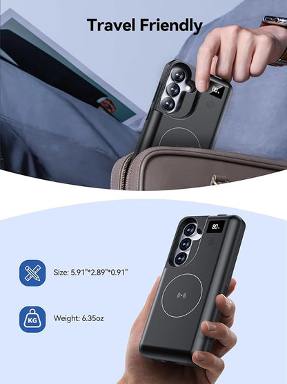 NEWDERY for Samsung Galaxy S25 Battery Case 6.2", 8000mAh Portable Power Bank with LED Display, Qi Wireless Charger & 20W USB C Fast Charging, Sync-Data Supported Black