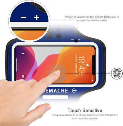 iPhone 16e 16 15 14 Armband with Earphone Holder, JEMACHE Water Resistant Gym Running Workouts Arm Band for iPhone 16e 16 15 14 13 12 11 Pro (Navy Blue)