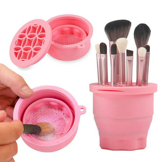 Makeup Brushes Cleaner Mat with Brush Storage Holder, Folding Portable Washing Tool for Makeup Brush Cleaning, 2 In 1 Silicone Brush Cleaner Pad & Cosmetic Brush Organizer Rack (Pink)