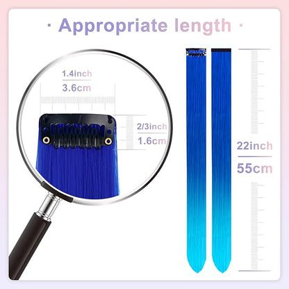 20 PCS Colored Hair Extensions, Colorful Party Highlights Clip in Long Straight Synthetic Hair Extensions, Ombre Color Hair Hairpieces for Girl Women Kids Cosplay Party Gift 22 inch