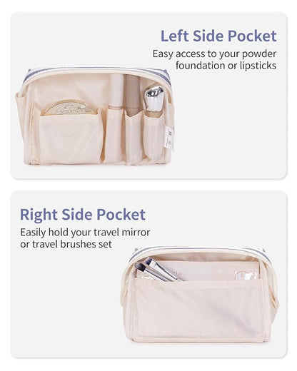 Narwey Small Striped Makeup Bag for Purse Mini Cosmetic Bag Travel Makeup Pouch Zipper Pouch Cute Make up Bags with Compartments for Women Girls (Greyish Blue Stripe, Small)