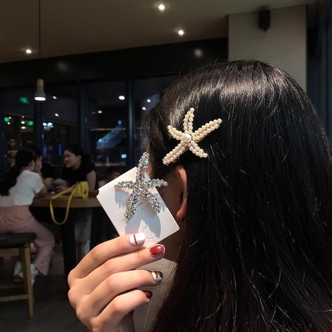 2 Pcs Starfish Hair Clips Mermaid Costume Rhinestone Hair Clips Beach Ocean Hair Accessories Women and Girls （Silver）