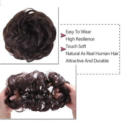 MORICA 1PCS Messy Hair Bun Hair Scrunchies Extension Curly Wavy Messy Bun Hair Synthetic Chignon Hairpieces for Women(2/33#(Darkest Brown & Dark Auburn Mixed))