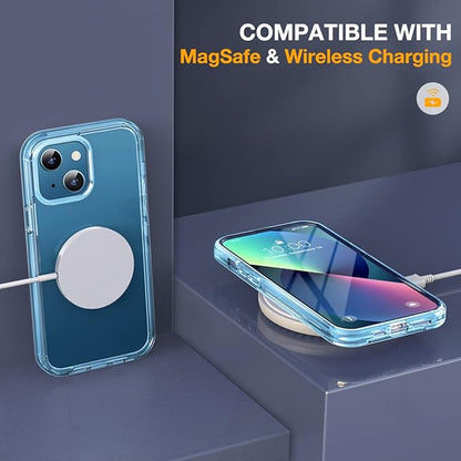 Miracase Glass iPhone 13 Case 6.1 inch, 2023 Upgrade Full-Body Clear Bumper Case with Built-in 9H Tempered Glass Screen Protector for iPhone 13,Clear Blue