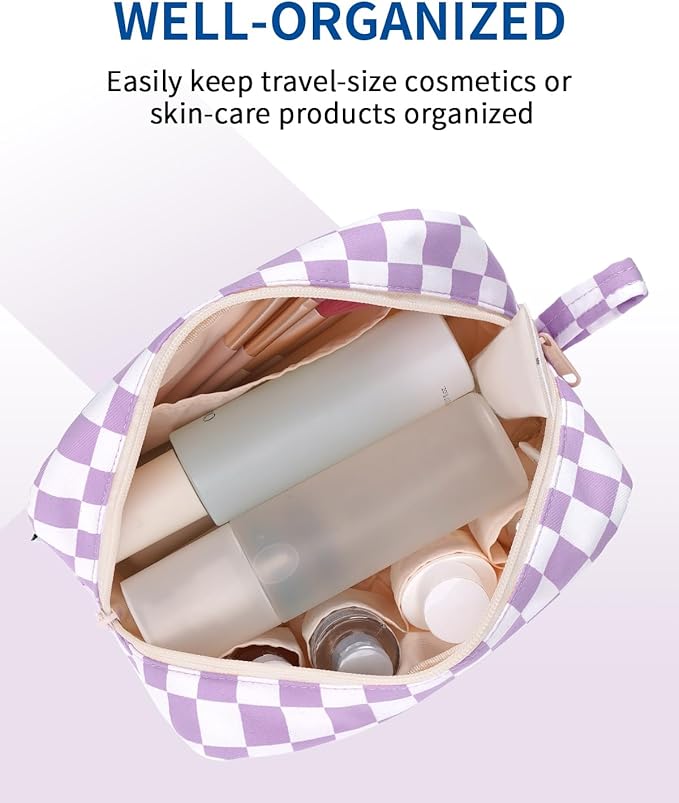 Narwey Checkered Makeup Bag Travel Cosmetic Bag Organizer Small Toiletry Bag Make Up Bags with Organized Pockets for Women (Purple Checkerboard, Large)