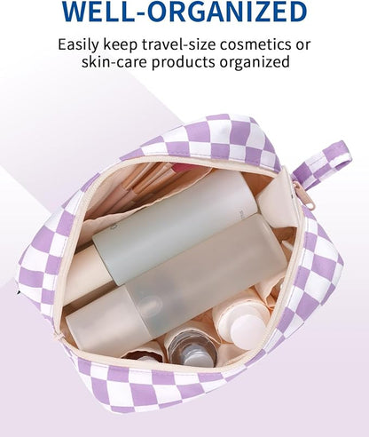 Narwey Checkered Makeup Bag Travel Cosmetic Bag Organizer Small Toiletry Bag Make Up Bags with Organized Pockets for Women (Purple Checkerboard, Large)