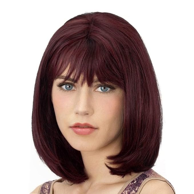 Onpep Bob Wig with Bangs Wine Red Short Straight Wigs for Women Burgundy Shoulder Length Heat Resistant Synthetic Wigs