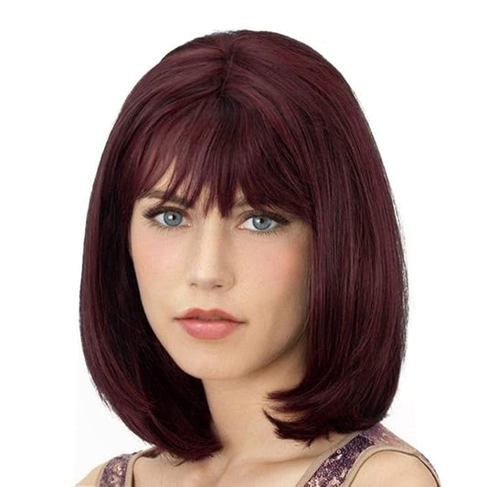Onpep Bob Wig with Bangs Wine Red Short Straight Wigs for Women Burgundy Shoulder Length Heat Resistant Synthetic Wigs