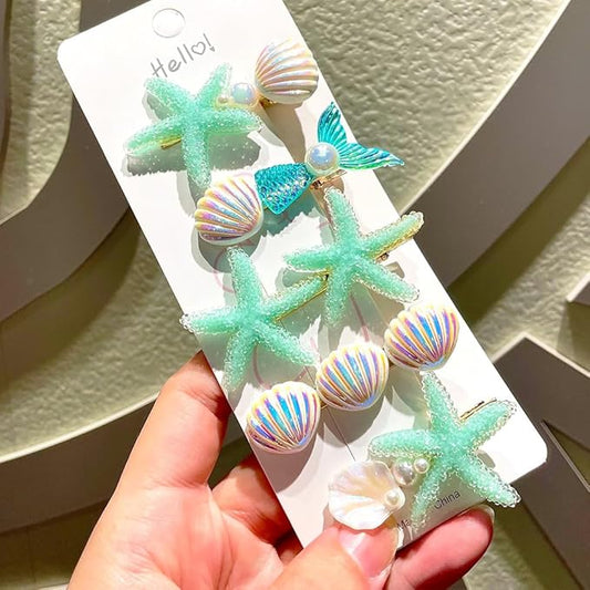5 Pcs Starfish Seashell Hair Clips Mermaid Costume Pearl Beach Ocean Hair Accessories Women and Girls （Green）