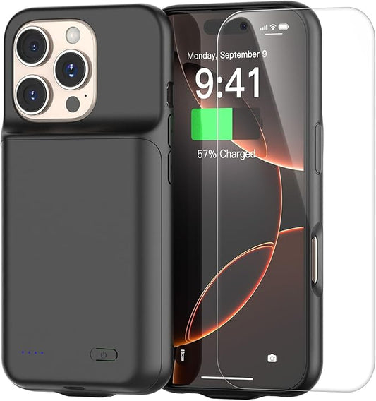 2025 New Upgraded 7000 mAh Travel Battery Case for iPhone 16Pro 6.3inch, Extra Battery Life 15W Fast Charging External Rechargeable Portable Charging Case with HD Tempered Protective Film