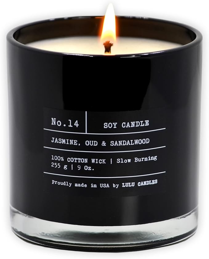 Lulu Candles | Jasmine, Oud & Sandalwood | Luxury Scented Soy Jar Candle | Hand Poured in The USA | Highly Scented & Long Lasting (9 Oz.)