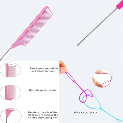 1000Pcs Hair Rubber Bands, Soft Small Hair Elastics for Girls and Women, 2pcs Topsy Tail Tools, 1 Rat Tail Comb, Pink Schembo