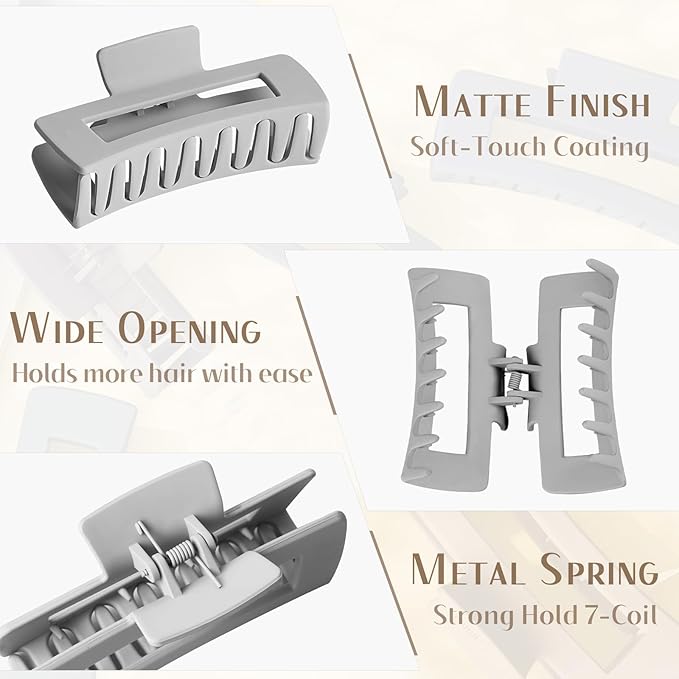 TOCESS 4.33 Inch Big Claw Clips 8 Pack, Matte Finish Large Neutral Color Hair Claw for Thick, Curly, Long, Wavy Hair, Non-slip Square Bulk Hair Clips for Women & Girls