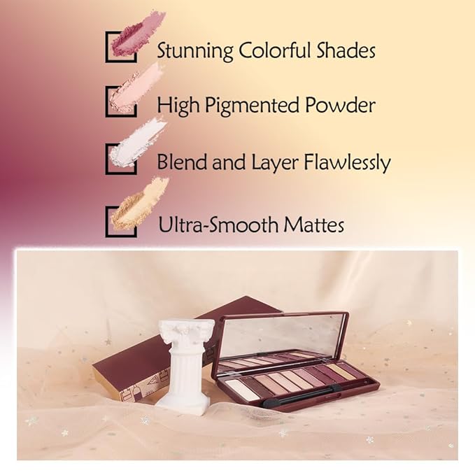 Ten-Color Eyeshadow Palette, White Brown Gold Nude Rose Gold Skin Wine Red 10 Shimmer and Matte Shades Blendable, Wine Party Eye Makeup, Vegan and Cruelty-Free, Built-In Mirror and Brush, 06#