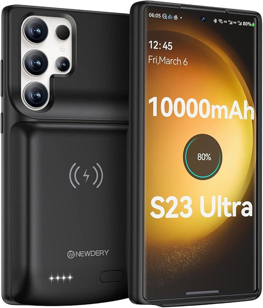NEWDERY Battery Case for Galaxy S23 Ultra 10000mAh, Qi Wireless Charging, Fast Charging, Sync Data Supported, Powerful Portable Rechargeable Charger Case for Samsung S23 Ultra 5G 6.8" Black