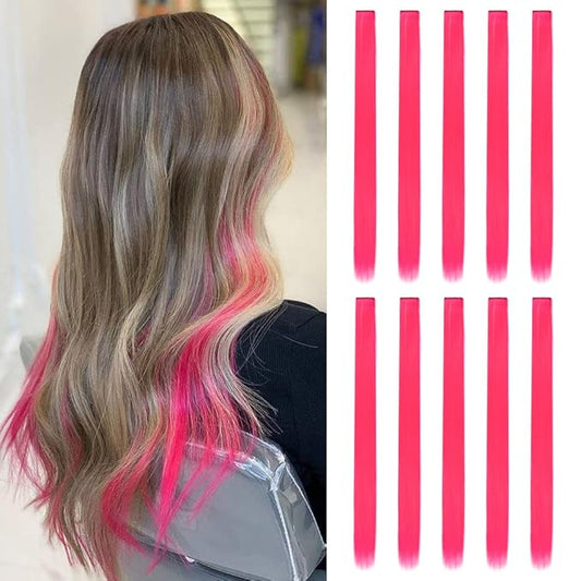 20 Inch Colored Hair Extensions Party Highlights Straight Colorful Clip In Hair Extensions Synthetic Rainbow Hairpieces for Girls Kids Gift(10Pcs Pink)