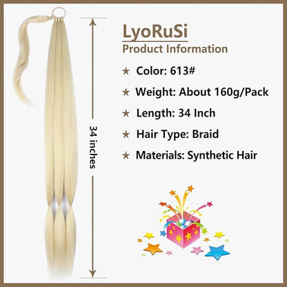 34 Inch Braided Ponytail Extension Braided Hair Extensions with Hair Tie Straight Wrap Around Long Braided Ponytail Natural Soft Synthetic Hair Piece for Women(613#)