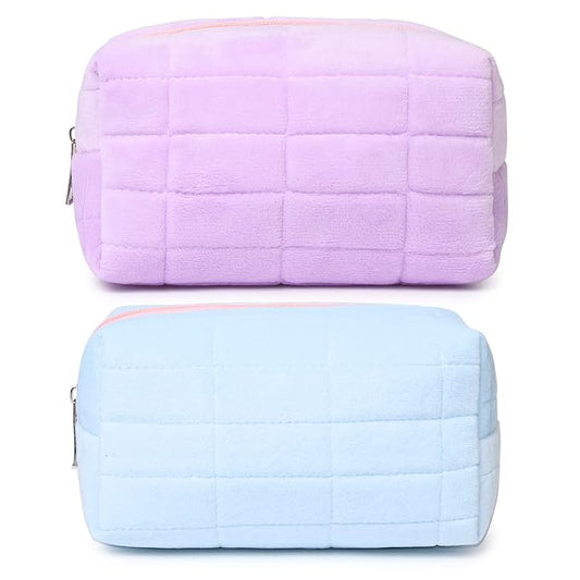 2 Pieces Makeup Bag Cute Cosmetic Bag Plush Blue Purple Makeup Pouch Travel Toiletry Bag Organizer Makeup Brushes Storage Bag for Women
